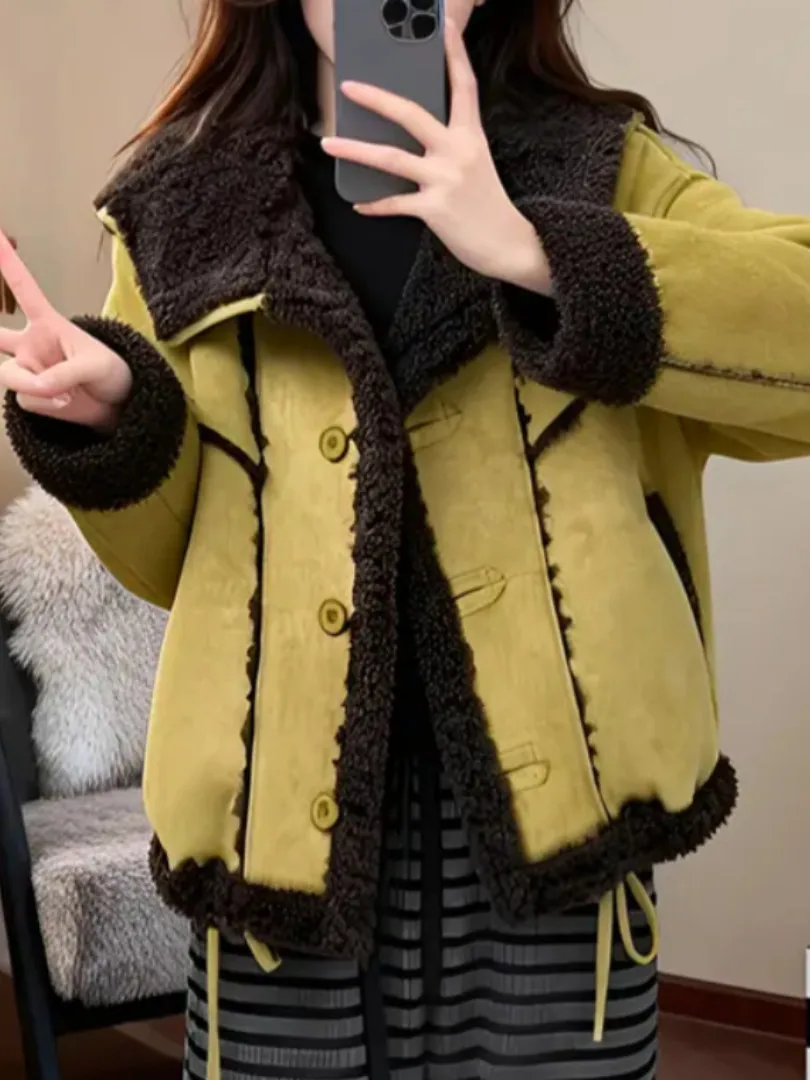 

Sli Retro Thiened Fce Women's Jaet Versatile Warm Winter Outerwear ort Coat Cleanfit Loose Fit Long Sve Butto...