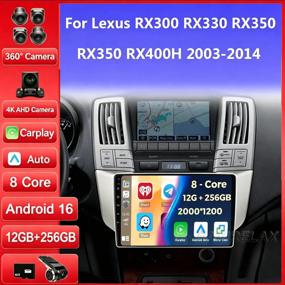 Android 16 Carplay Auto For Lexus RX300 RX330 RX350 RX400H II 2 For Toyota Harrier XU30 II 2 2003 - 2013 Car Radio Stereo Player