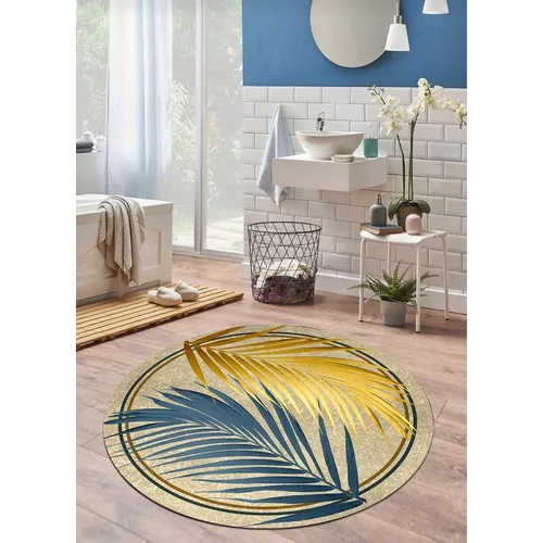 Leaf Pattern Blue Mustard 100x100 cm. Anti-Slip, Not Peel Leather Outsole Round Bath Mat