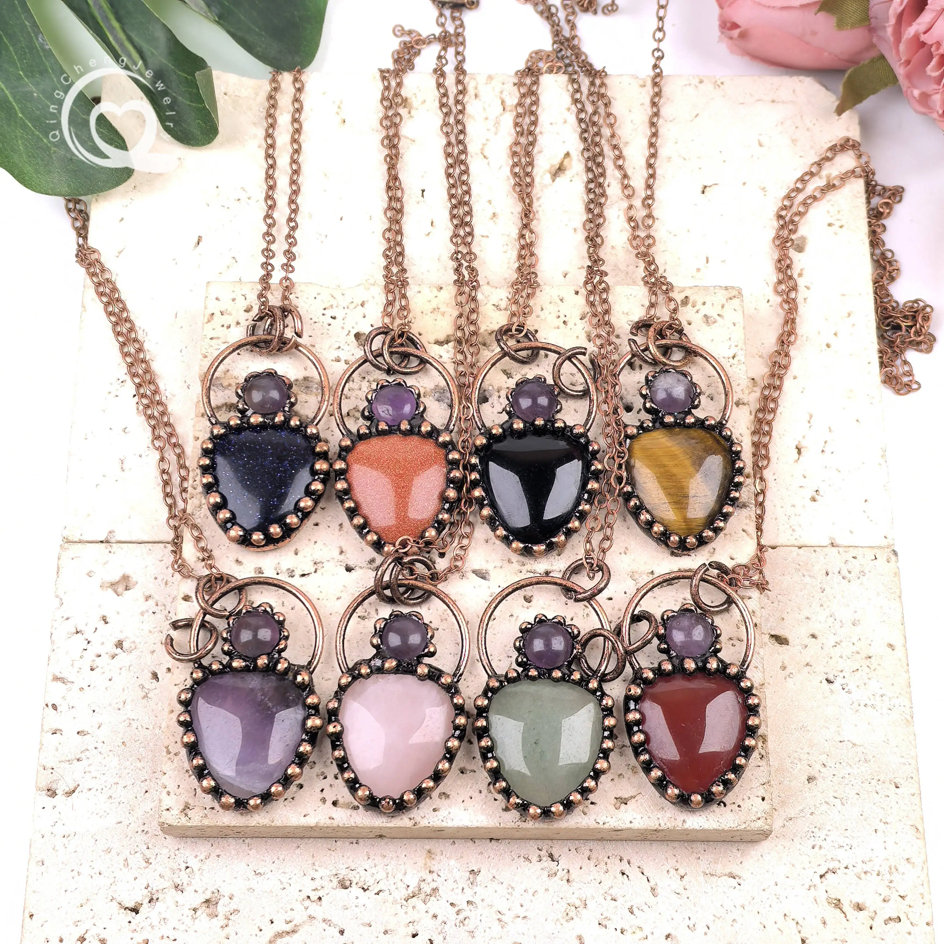 

Antique Copper Heart Pendants Soldered Bronze Amethyst Obsidian Rose Quartz Brass Necklaces Boho Return Jewelry Gifts,QC3448