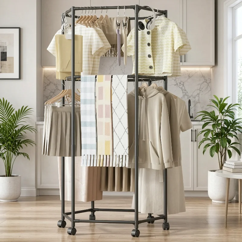 Hexagonal Rotating Clothes Drying Rack Carbon Steel Floor Standing Multi Functional Wheeled Removable Indoor Balcony Use 빨래 건조대