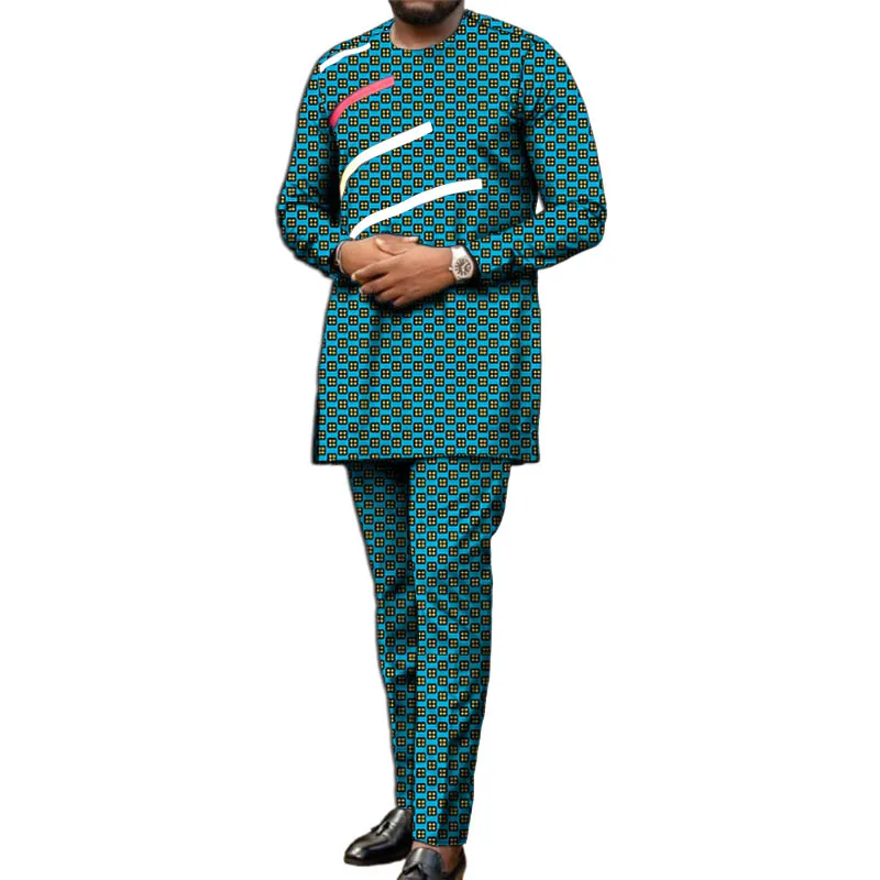 التصميم الأصلي للرجال ملابس مطبوعة أفريقية شريطية مرقعة عملية قميص رقعة مرونة الخصر السراويل مصممة ملابس الحفلات #4