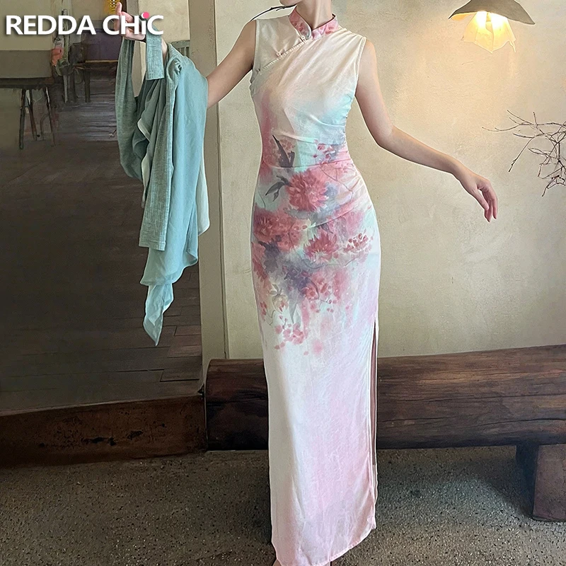 

REDDACHiC Chinese Women Gradient Pink Cheongsam Romantic Floral Shirring Slit Sleeveless Tank Long Qipao Dress Summer Clothes