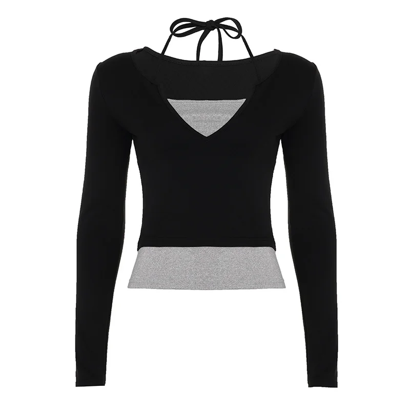 

Hanging Neck Strap Short Style Fake Two Piece Long Sleeved T-shirt Women Autumn Slim Fit Spicy Girl Design Sense Slim Fit Top