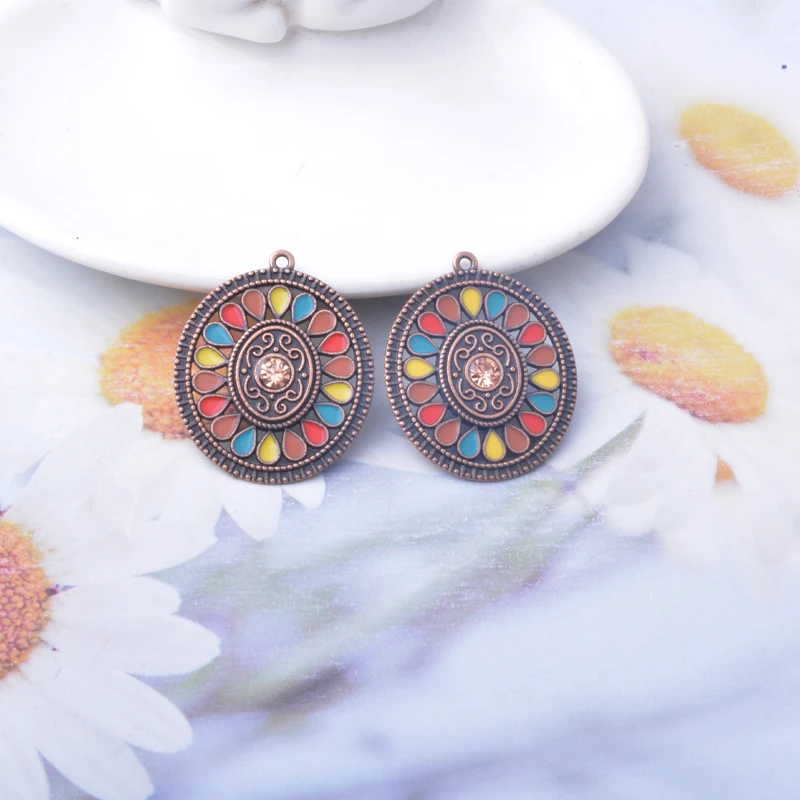 10 Stück Emaille-Oval-Blumenanhänger aus Legierung, bunt, antikgoldfarben, im böhmischen Stil, Anhänger für DIY-Schmuckherstellung, Ohrringe. – Detail 4