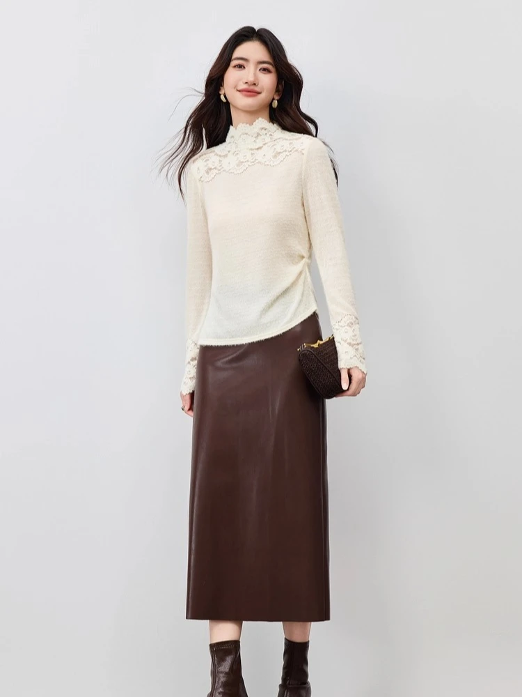 SENTUBILA Damen-Pullover mit eleganter Spitze, 2025, Herbst, solide Oberteile, lässig, Pendeln, Stehkragen, Langarm-Pullover 154SA4036