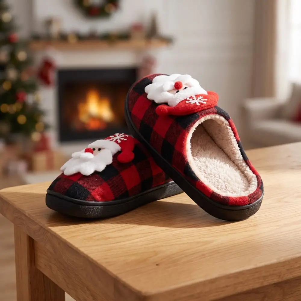 Gifts Bear Christmas Slippers Santa Claus Deer Fuzzy Slippers Plaid Pattern Anti Slip Indoor Slippers Winter view 2