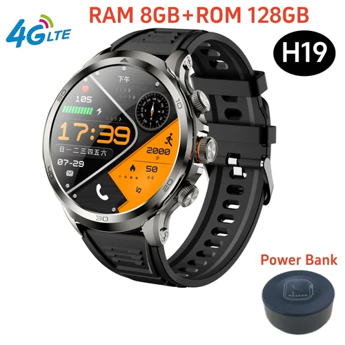 オリジナル H19 4 グラムフルネットコム 128 ギガバイトスマートウォッチアンドロイド 9.0 電源銀行 1.95 インチ Amoled スクリーンカメラ GPS WIFI スマートウォッチメンズ