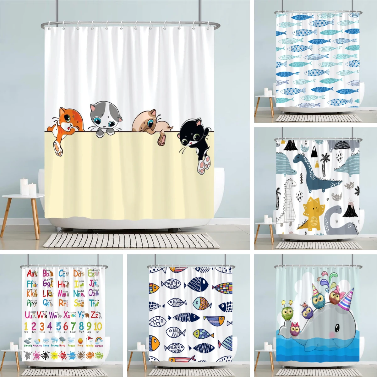 Kids Cartoon Animal Shower Curtain Funny Letters Blue Watercolour Fish Polyester Fabric Washable Shower Curtains Bathroom Decor