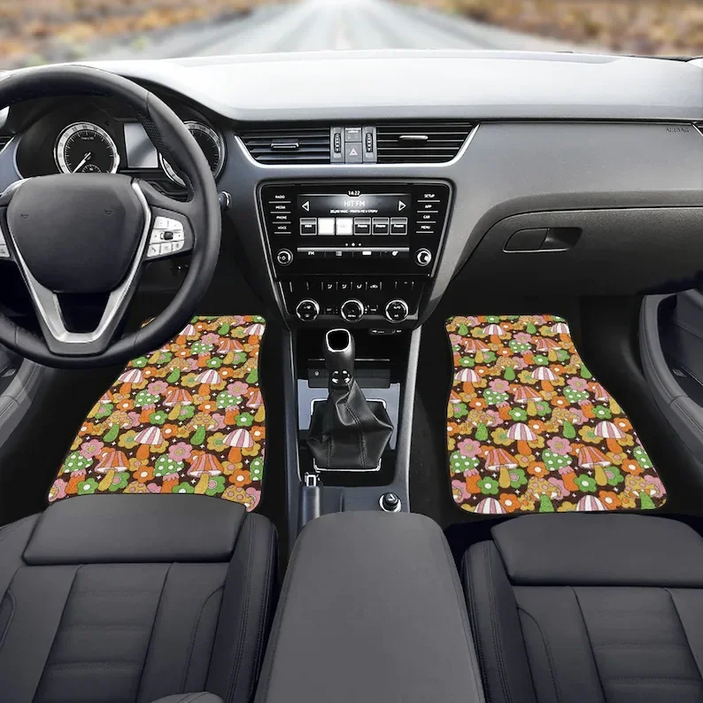 Retro Hippie Mushrooms Car Floor Mats - Vintage Conversion Van, Shrooms Stoner Car Accessories, 60s 70s 80s Flower Child, Woodst