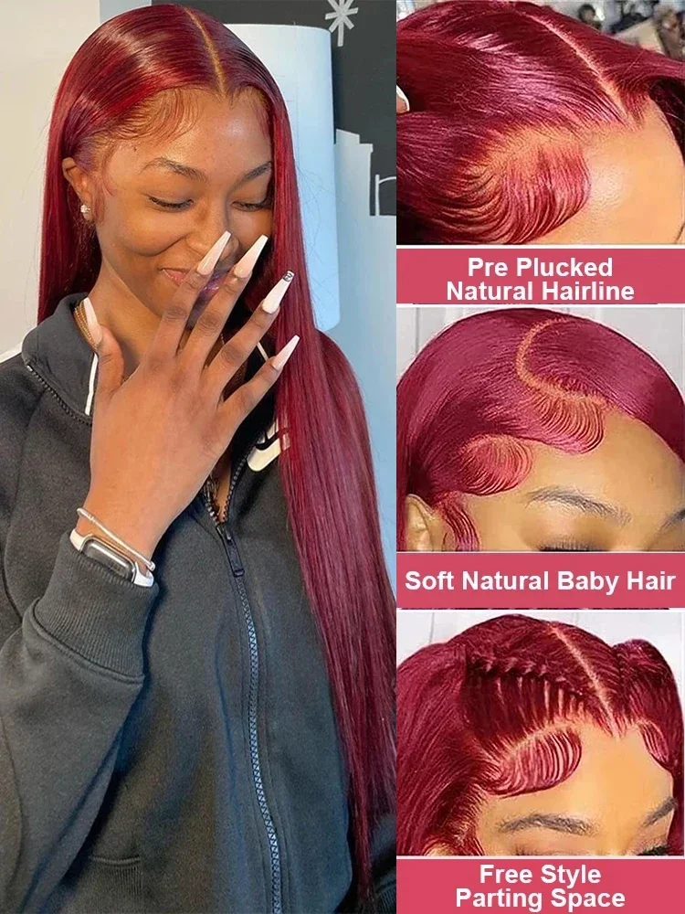 99J Peruvian Straight Lace Front Wig Human Hair Wigs Burgundy Pre Plucked 13x4 Colored 30 inch HD Lace Frontal Wigs For Women