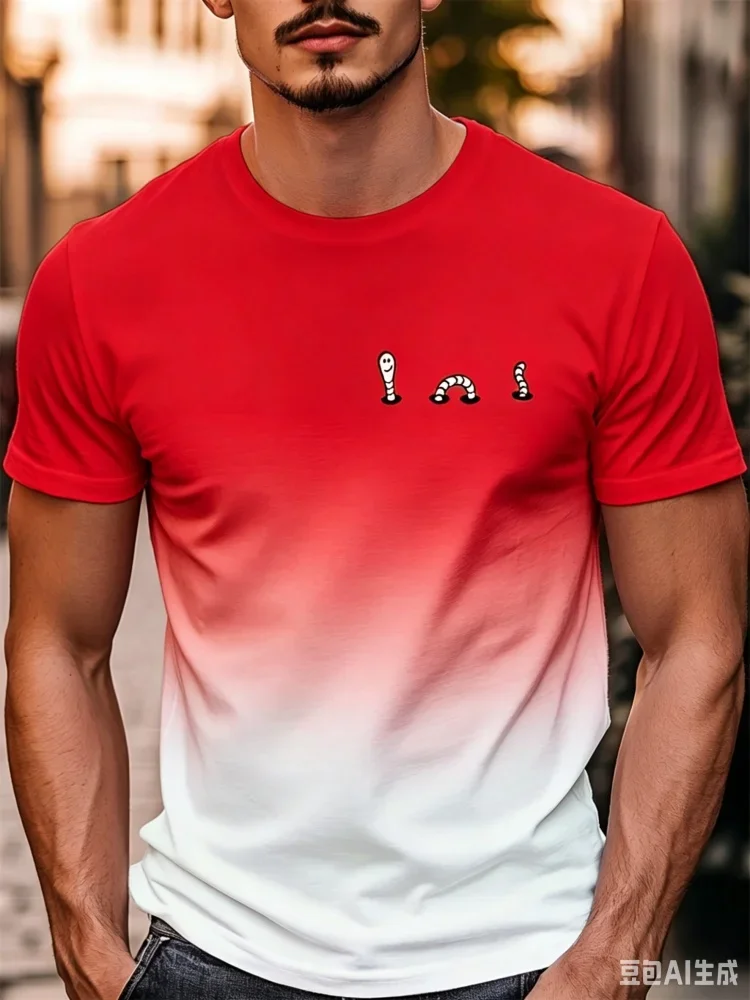 Herren-T-Shirt mit niedlichem Wurm-Gradienten-Print, Sommer, Rundhalsausschnitt, kurze Ärmel, minimalistisches, lässiges Streetwear-Oberteil für Herrenkleidung