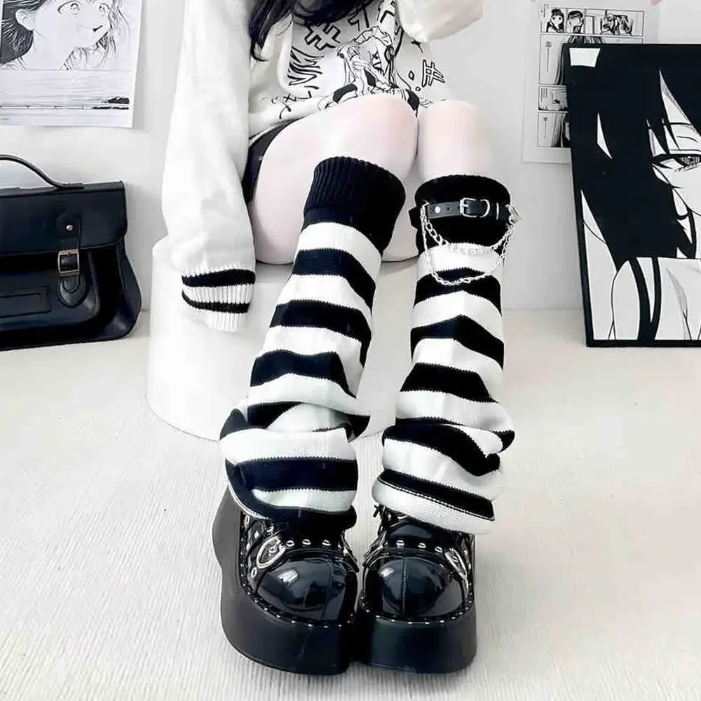 Schwarz Weiß Lolita Lange Socken Gestrickte Japanische Wintersocken Gothic Damen Gestreifte Beinwärmer Arm Knöchelwärmer Breite Beine Abdeckung