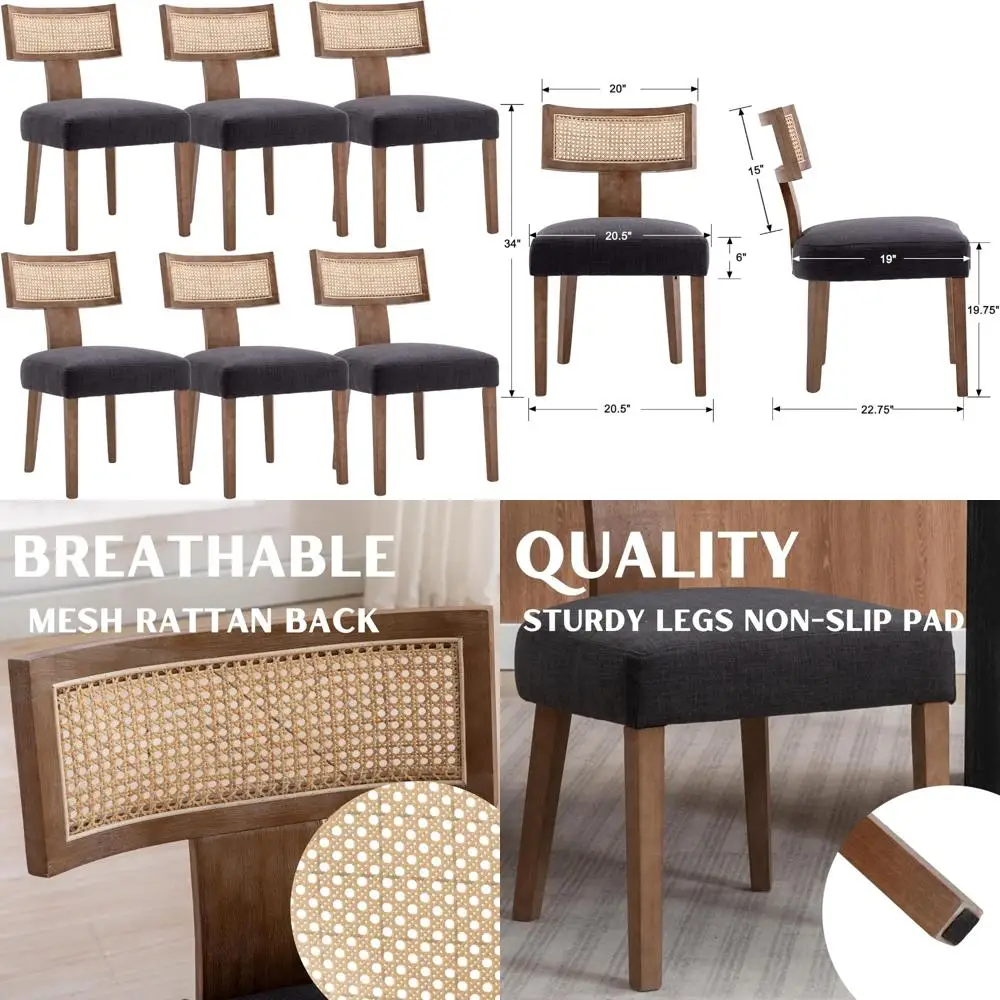 

Set of 6 Modern Rattan Dining Chairs for Kitchen and Dining Room, Curved Back Upholstered with Linen Fabric