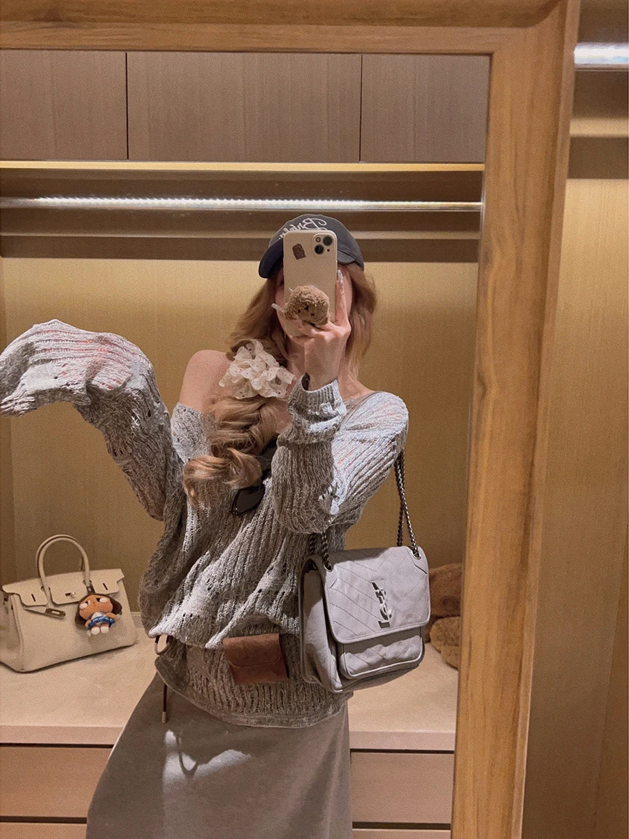 

Рубашка Yukiss из льняной ткани смешанных цветов, крупной вязки, с ажурным узором, повседневная, свободного кроя, с длинным рукавом, круглым вырезом