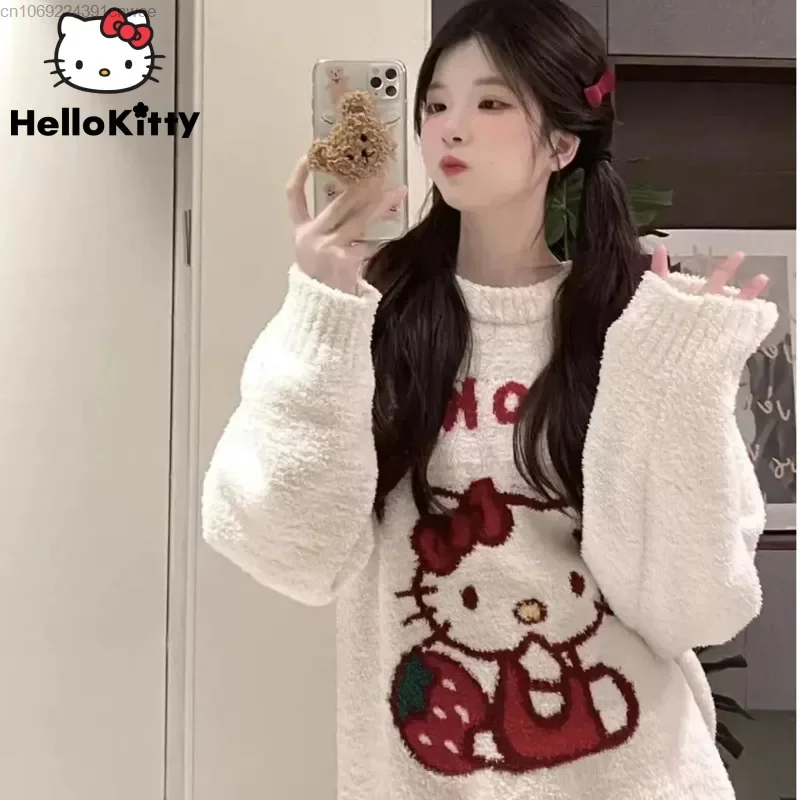 Sanrio Hello Kitty Academy Style Pullover Sweater Y2k Lolita Girls New Kawaii Anime Knitwear Harajuku White Knit Clothes Woman