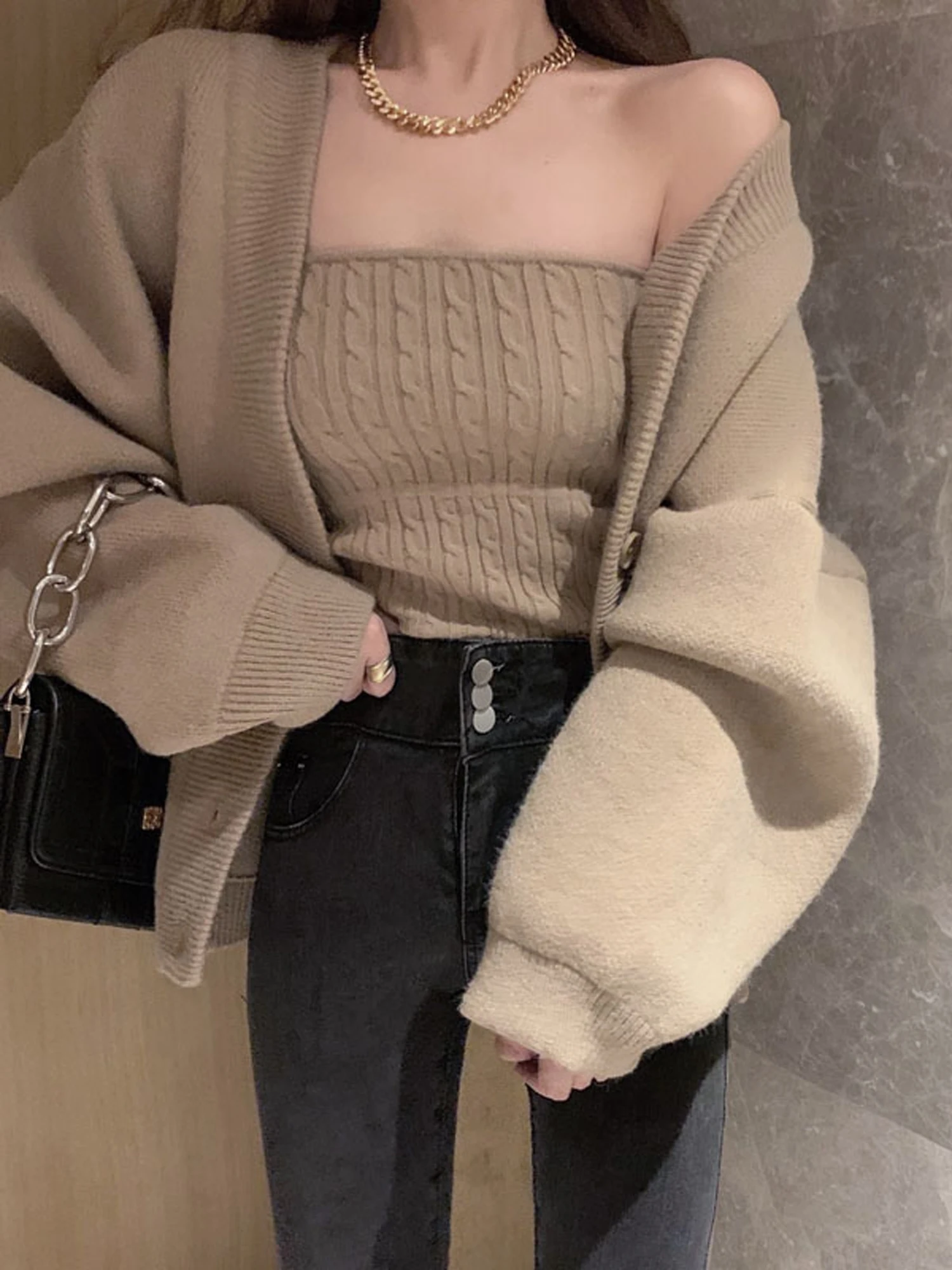 Retro Chic Twisted Knit Wrap Chest Tank Top And Vest Loose Knitted Open Cardigan Sweater Outerwear Two Piece Set for Women