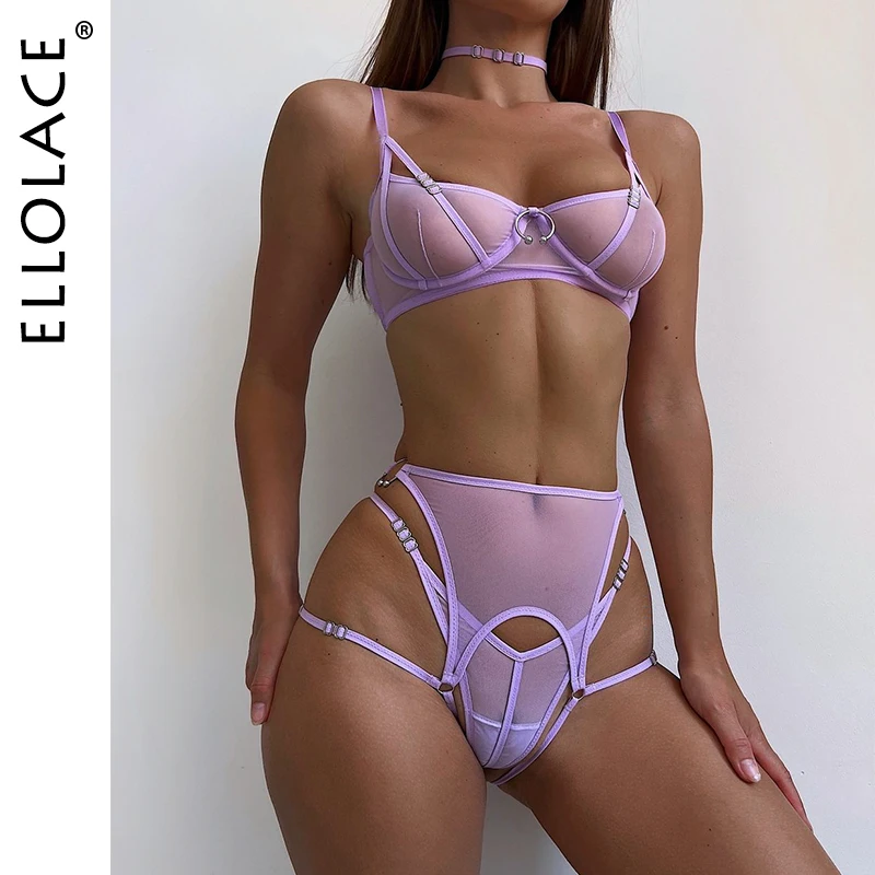 Ellolace Sensual Lingerie Bilizna Set Transparent Push Up Bra Hot Sexy Onlyfans Outfits Lavender Ensemble Brazilian Underwear