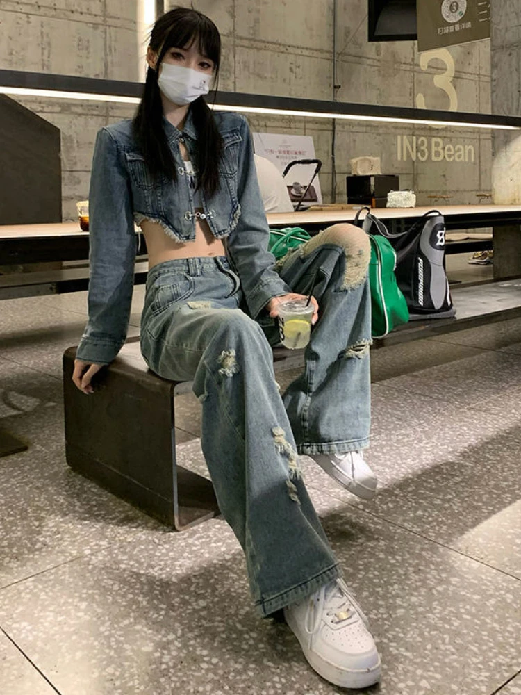 Jeans strappati per le donne pantaloni larghi a gamba larga Vintage Chic Schoolgirls Fashion All-match Hotsweet stile coreano Casual Streetwear