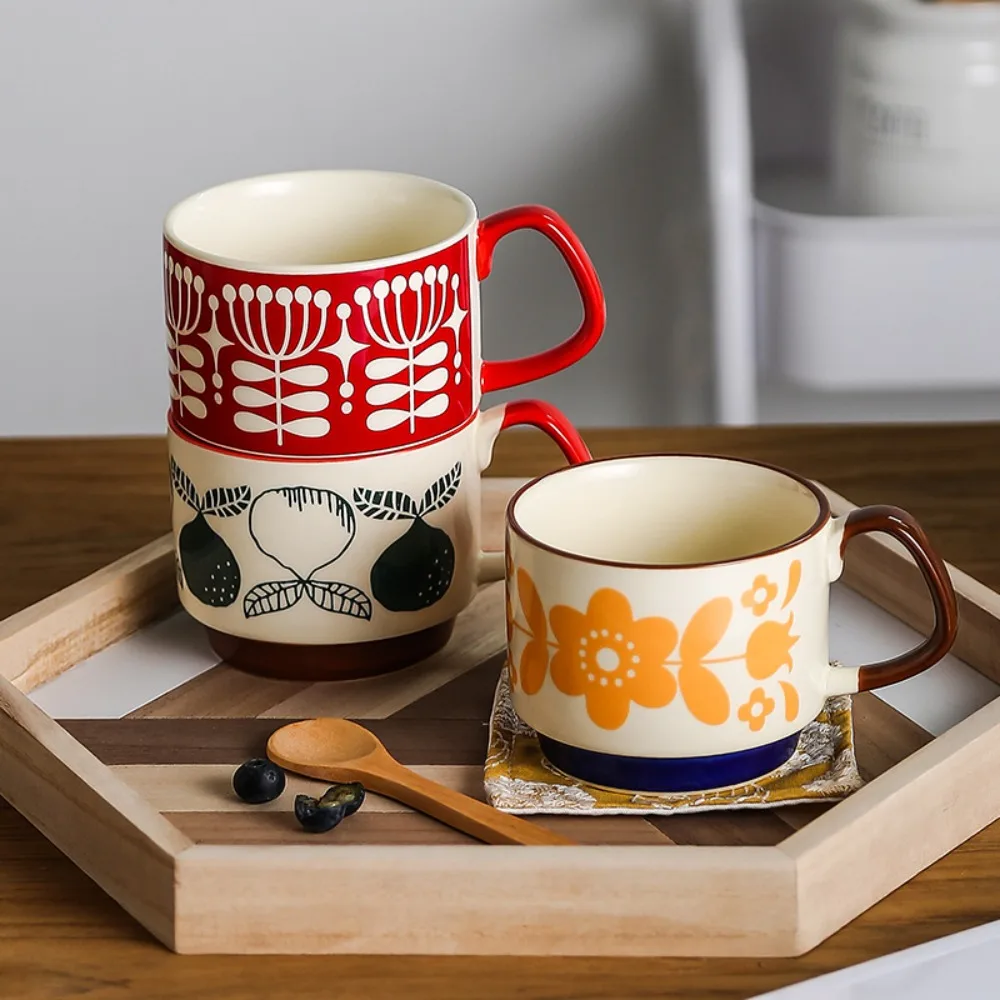 

Simple 300ml Japanese Coffee Mug Underglaze Painting Floral Pattern Office Water Cup Retro Stackable Milk Oatmeal Cup Office
