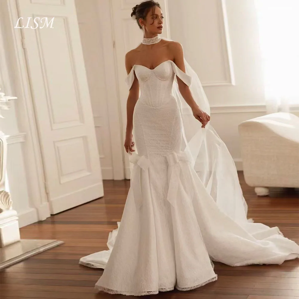 Lism Charming Lace Wedding Dress Off Shoulder with Long Scarf Bow Mermaid Sweep Train Bridal Gown Custom Made Vestido De Noiva