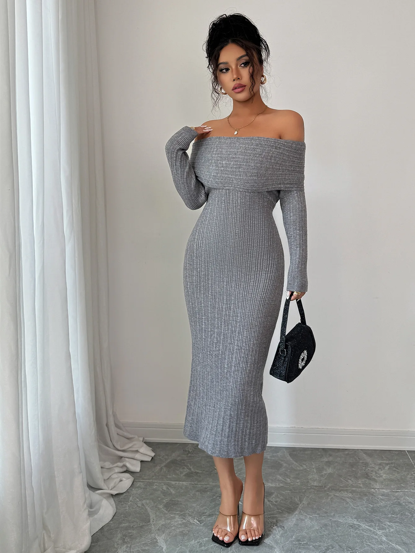 

Women's Off Shoulder Midi Dress Long Sleeve Ribbed Bodycon Slim Fit Formal Evening Party Cocktail Casual Wedding Guest Gown