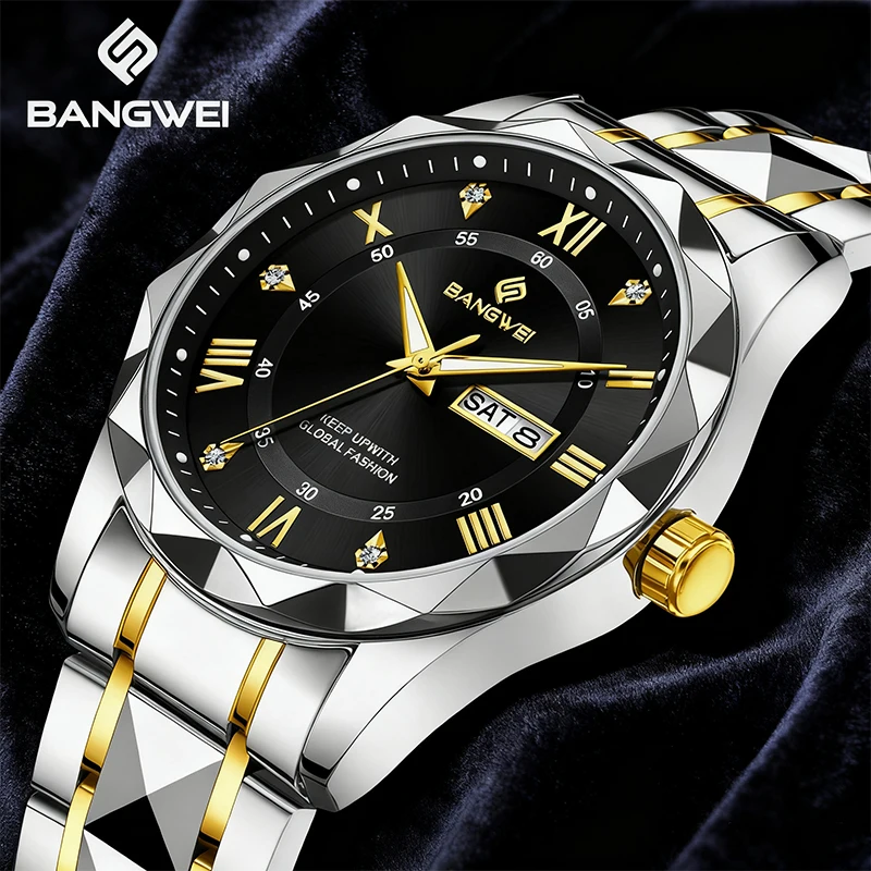 

BANGWEI Men Watch Water Diamond Luxury Night Glow Double Calendar Quartz Movement Stainless Steel Fashion Business Watches Male