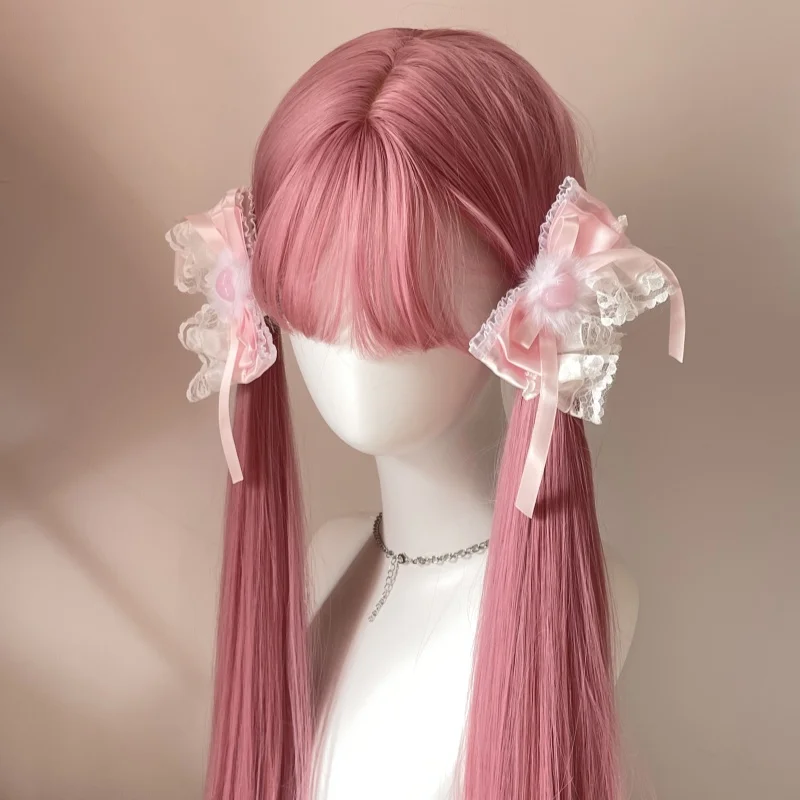 1 par nova lolita artesanal rosa laço arco headpiece pele doce clipe y2k menina amor bowknot duplo rabo de cavalo grampo de cabelo acessórios