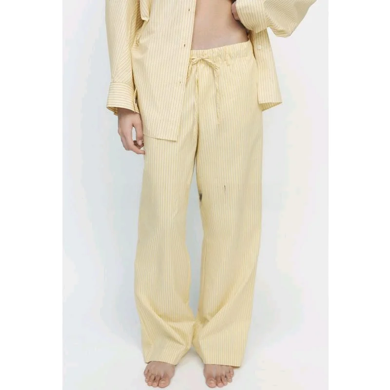 Celana Panjang Wanita Model Longgar Bahan Sutra Motif Garis-garis untuk Musim Semi, Set Pakaian Santai Kancing Depan