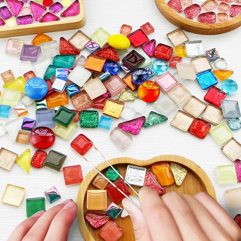 200g Diy Crystal Glass Mosaic Bright Pink Crystal Free Stone Patch Manual Material Loose Particles Stained Glass Mosaic Tiles