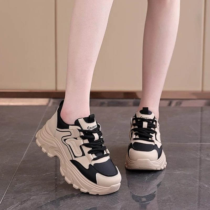 

Hot Sale Best Seller Women Height Increasing Dad Shoes Leather Upper Non Slip Thick Sole Comfortable Sports Casual Versatile