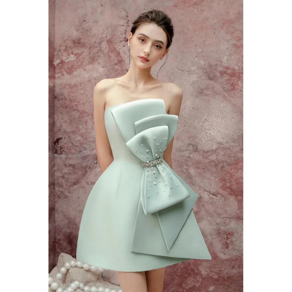 Strapless Bow  A-LINE Simple Pleat Beauty Bride Wedding Party Dress Strapless Korea 드레스 Photography Wedding Dresses for Women