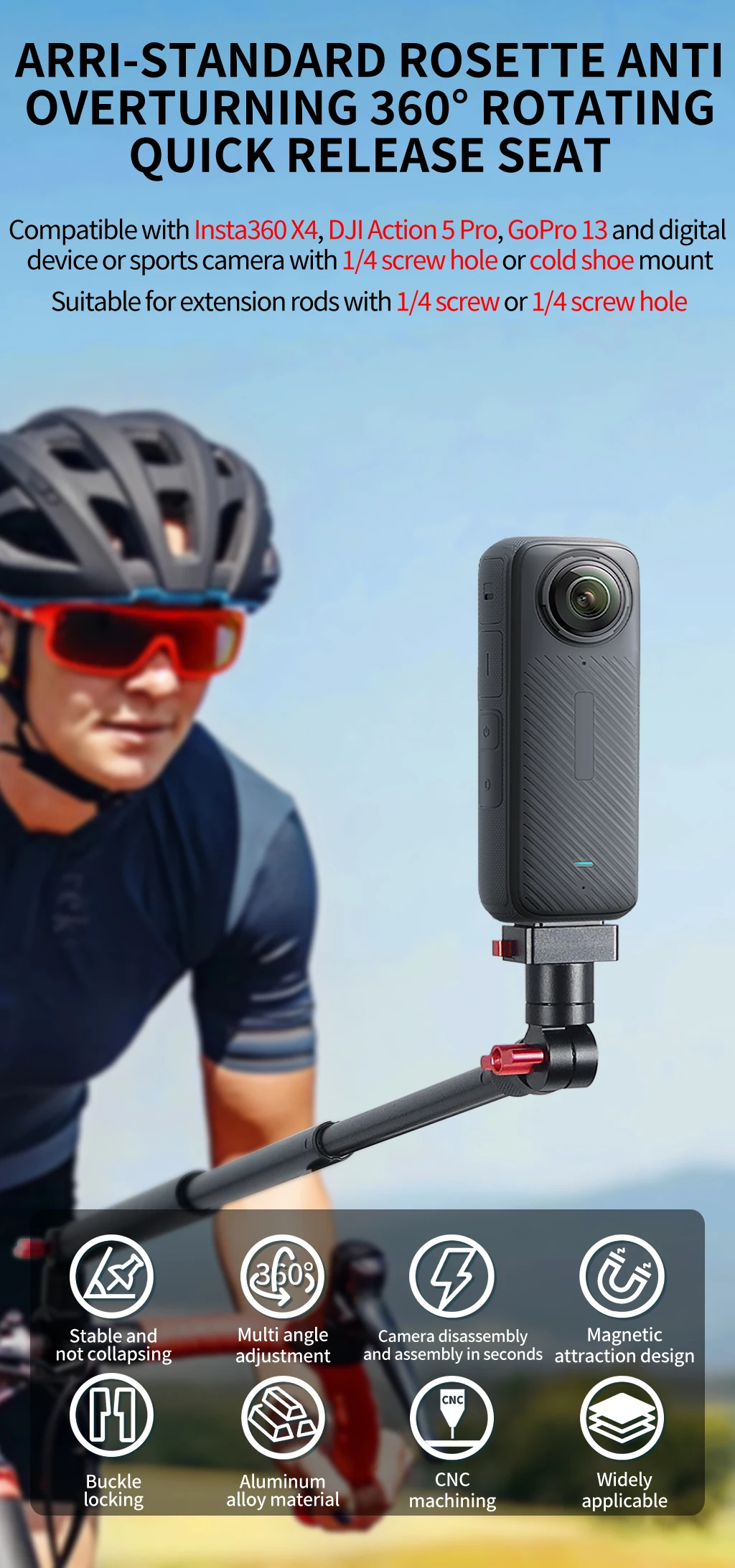 360° Schwenkbarer Schnellverschluss-Stativ-Kugelkopfadapter ARRI-Ausrüstung Magnetische Halterung für GoPro13 Insta360 DJI Action Pocket 4 Kamerahalterung – Detail 1