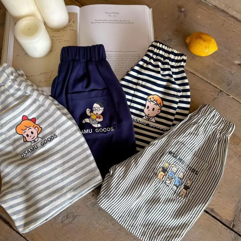 2026 New Summer Boys Striped Loose Shorts Baby Vintage Casual Cartoon Shorts Kids Lace-up Pant Children Clothing Sports Shorts