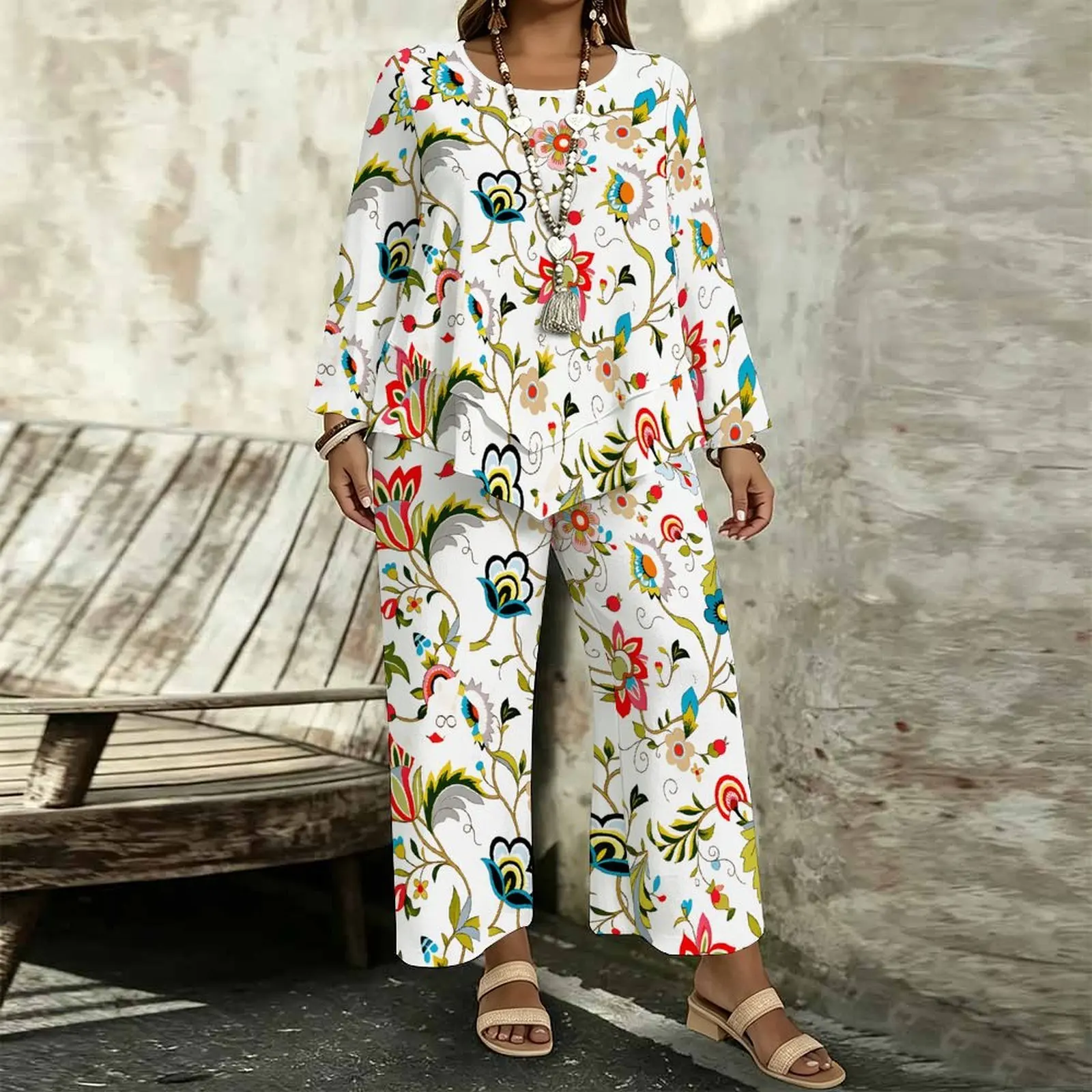 Plus Size Women Casual Print Two Piece Set Round Neck Everyday Commuting Clothes Beach Vacation Sweatpants
