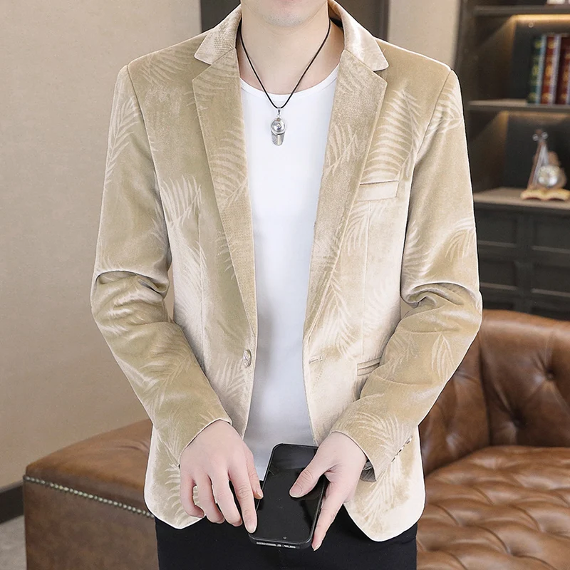 

High-quality and fashionable autumn new men's velvet mini suit bamboo leaf flower Korean-style trendy slim-fit suit
