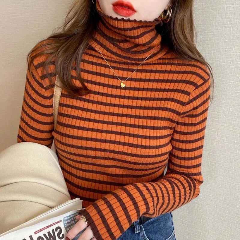 Autumn and Winter Style 2022 New High Collar Bottom Shirt for Women Long Sleeve Versatile Striped T-shirt Slim Knitted Top