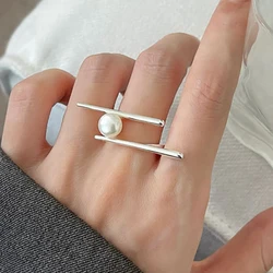 Anillos de perlas de plata esterlina 925 para mujer y parejas, joyería geométrica Simple creativa hecha a mano, regalos de fiesta de cumpleaños, nueva moda