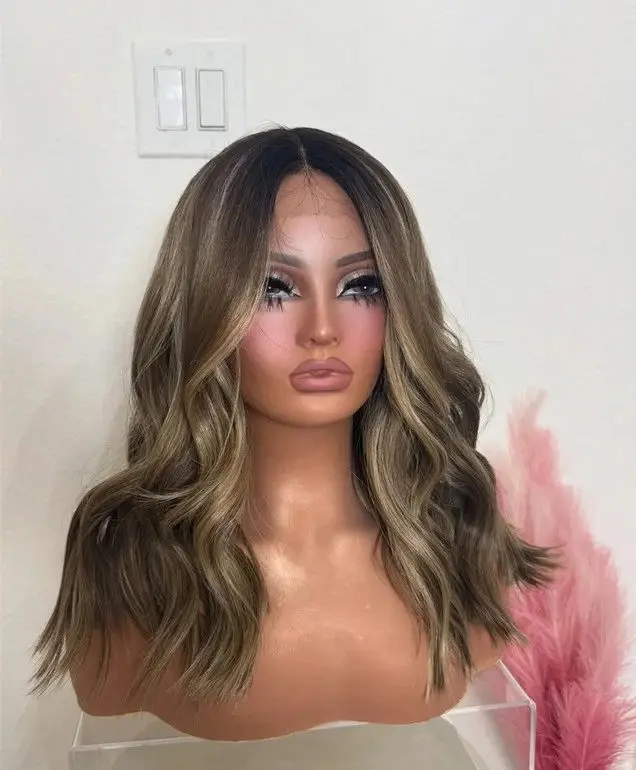 18 بوصة أومبير موجة عميقة الاصطناعية الدانتيل الباروكات للنساء تسليط الضوء على الشوكولاته براون كامل الباروكات مع جذور داكنة ألياف امرأة سمراء #2