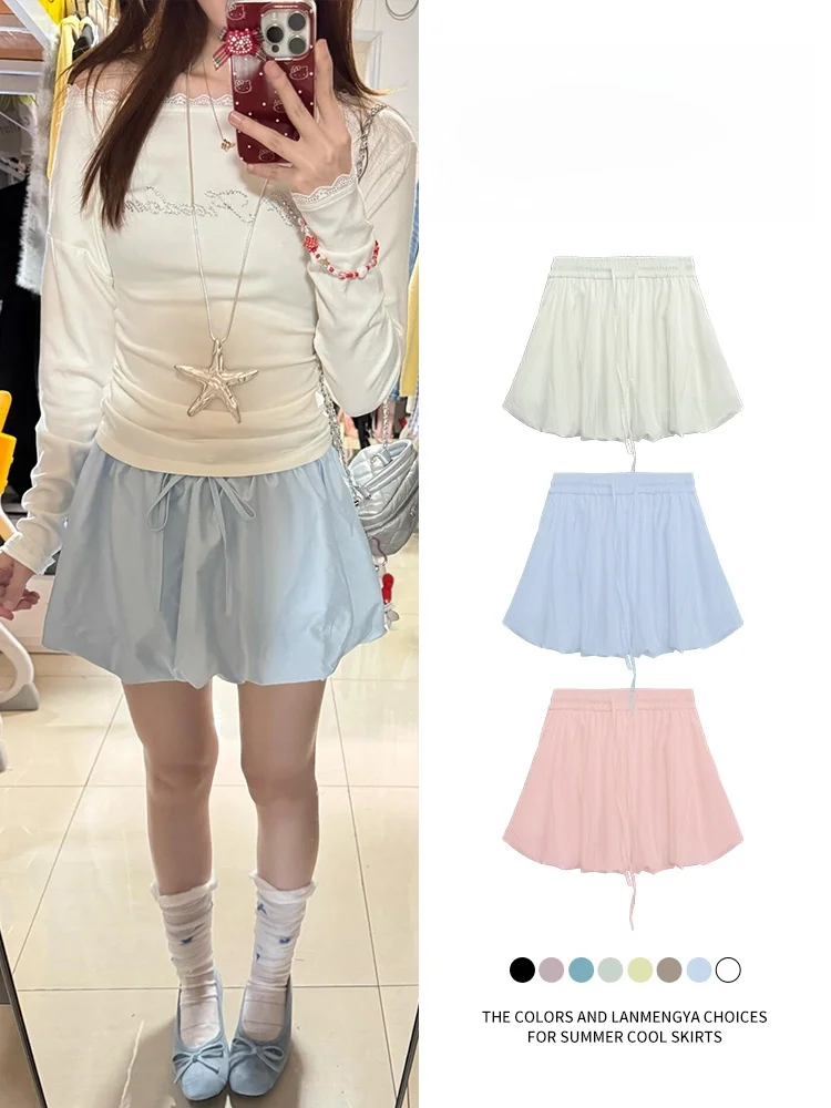 

Blue Puffy Flower Bud Skirt Women's Summer Casual High Waist A-Line Skirt Commute Korean Sle Polyester Nylon Fabric