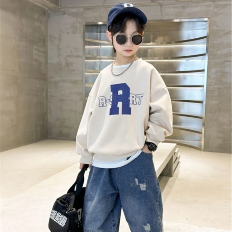 Boys Hoodies Sweatshirts Cotton Tops Outwear 2024 Apricot Spring Autumn Kids Formal Sport Children's Clothing