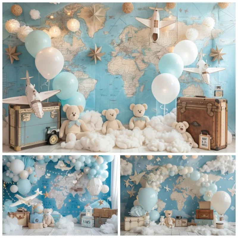 Travel Bear Baby Birthday Party Decor Backdrop Photography Map Plane Clouds Balloon Baby Shower Photo Photographic Background