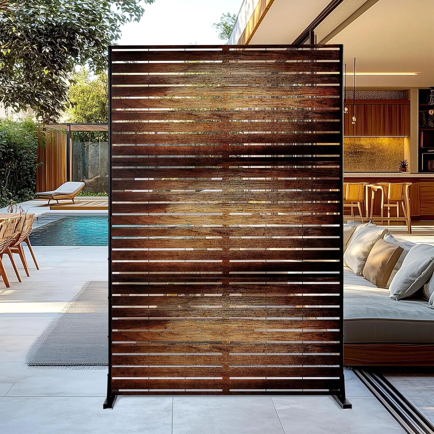 

Vintage Wood Color Metal Outdoor Privacy Screen 72" H x 47" W Freestanding for Deck Balcony Patio Decorative Fence