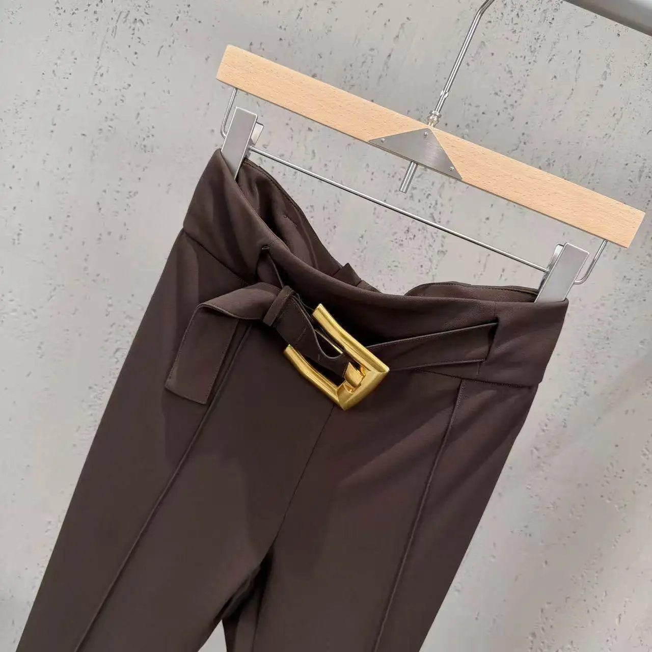 High Street Pants Women's High Waisted Slimming Black Casual Pants Metal Buckle Decoration Hanging Elastic Slim Fit Pants