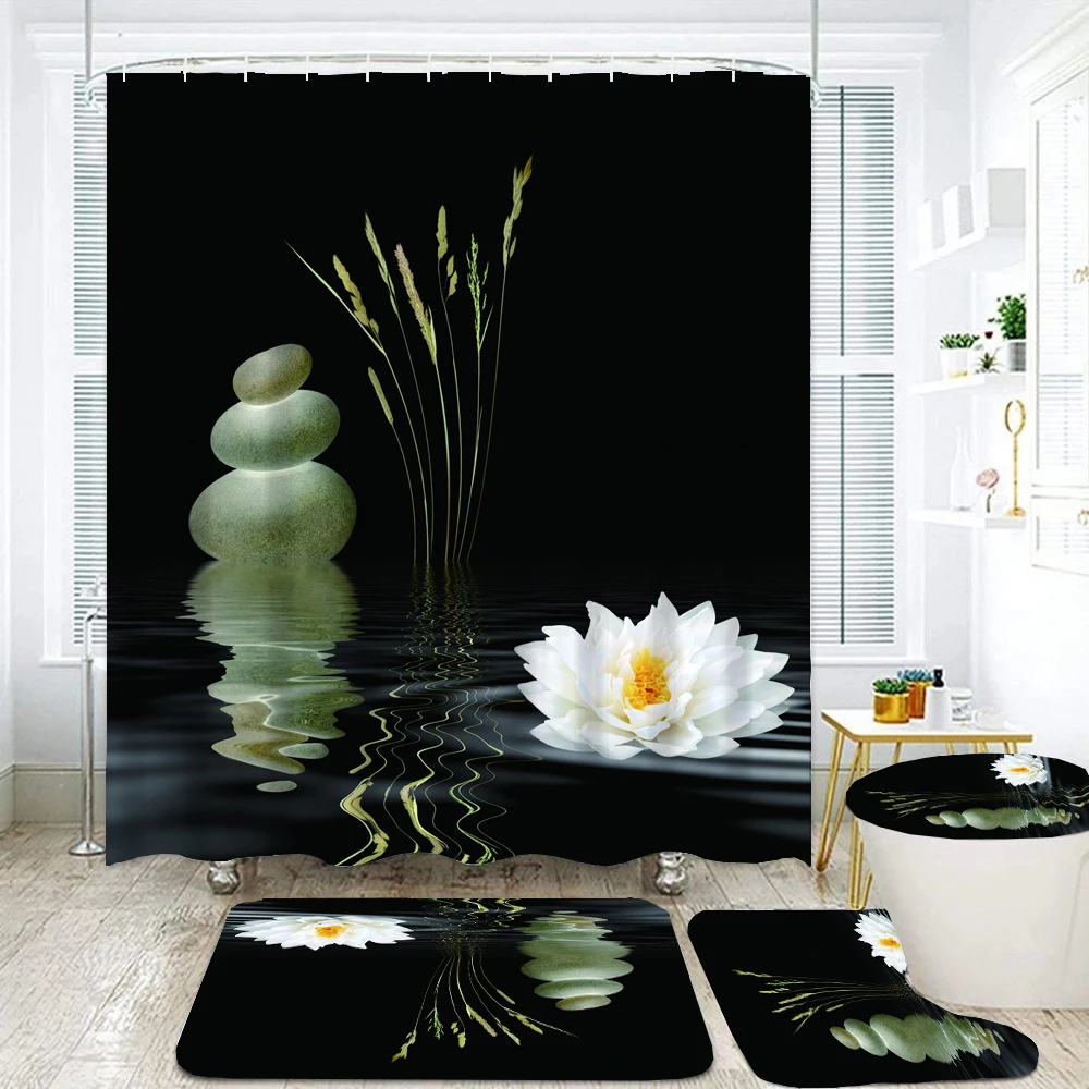 Zen Stone Black Flowers Shower Curtain Set Toilet Seat Cover Bathroom Non-Slip Carpet Bath Mat Rugs Waterproof Bathtub Curtains