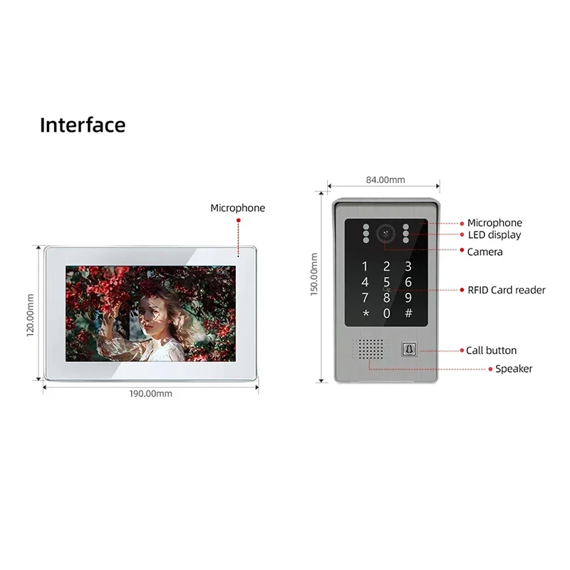 Jeatone Tuya 비디오 문짝 전화 인터콤 초인종, RFID 비밀번호 IR 모션 센서 카메라, 무선 WiFi 보안 경보, 7 인치