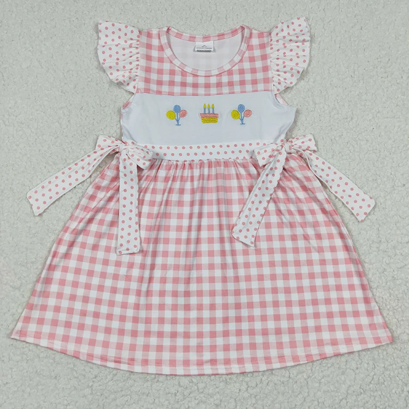 

Wholesale Baby Girl Happy Birthday Pink Plaid Dress Short Sleeves Embroidery Cake Kid Children Infant Toddler Summer Clothes