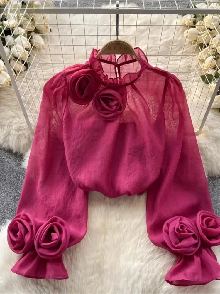 

2025 New Elegant Romantic Women Three-dimensional Flowers Solid Color Blouse Stand Collar Long Sleeved Lightweight Shirts