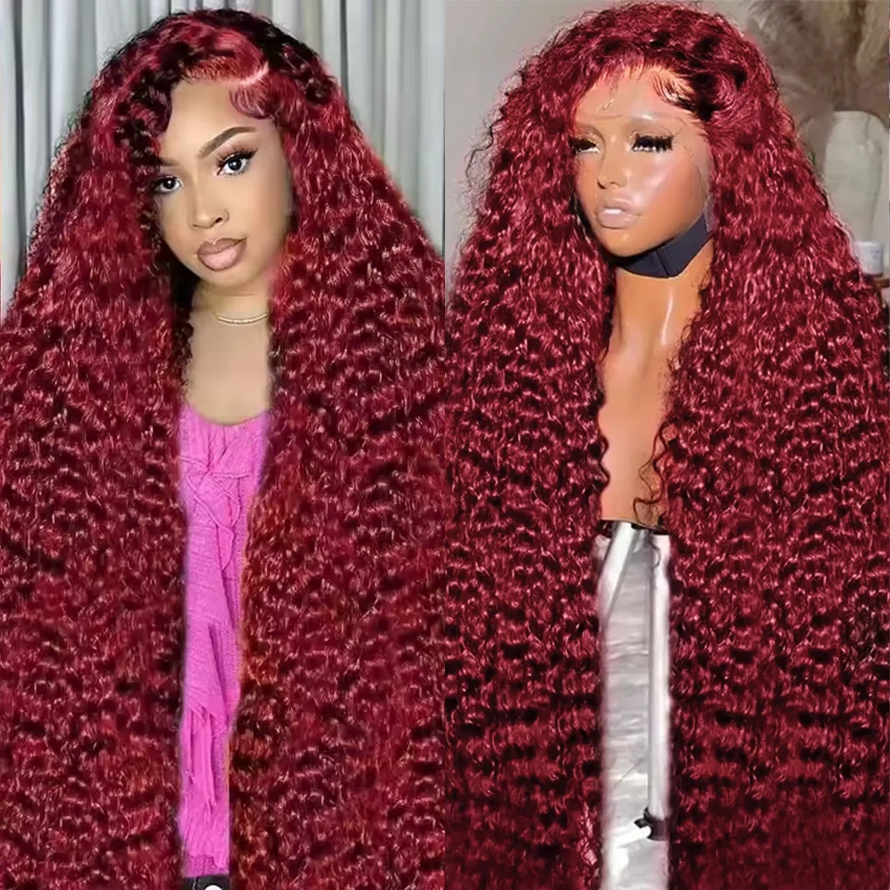 

200 Density 99J Burgundy Deep Wave 13x6 Lace Frontal Human Hair Wigs Brazilian Colored 18-46 Inches Curly Red Lace Front Wigs