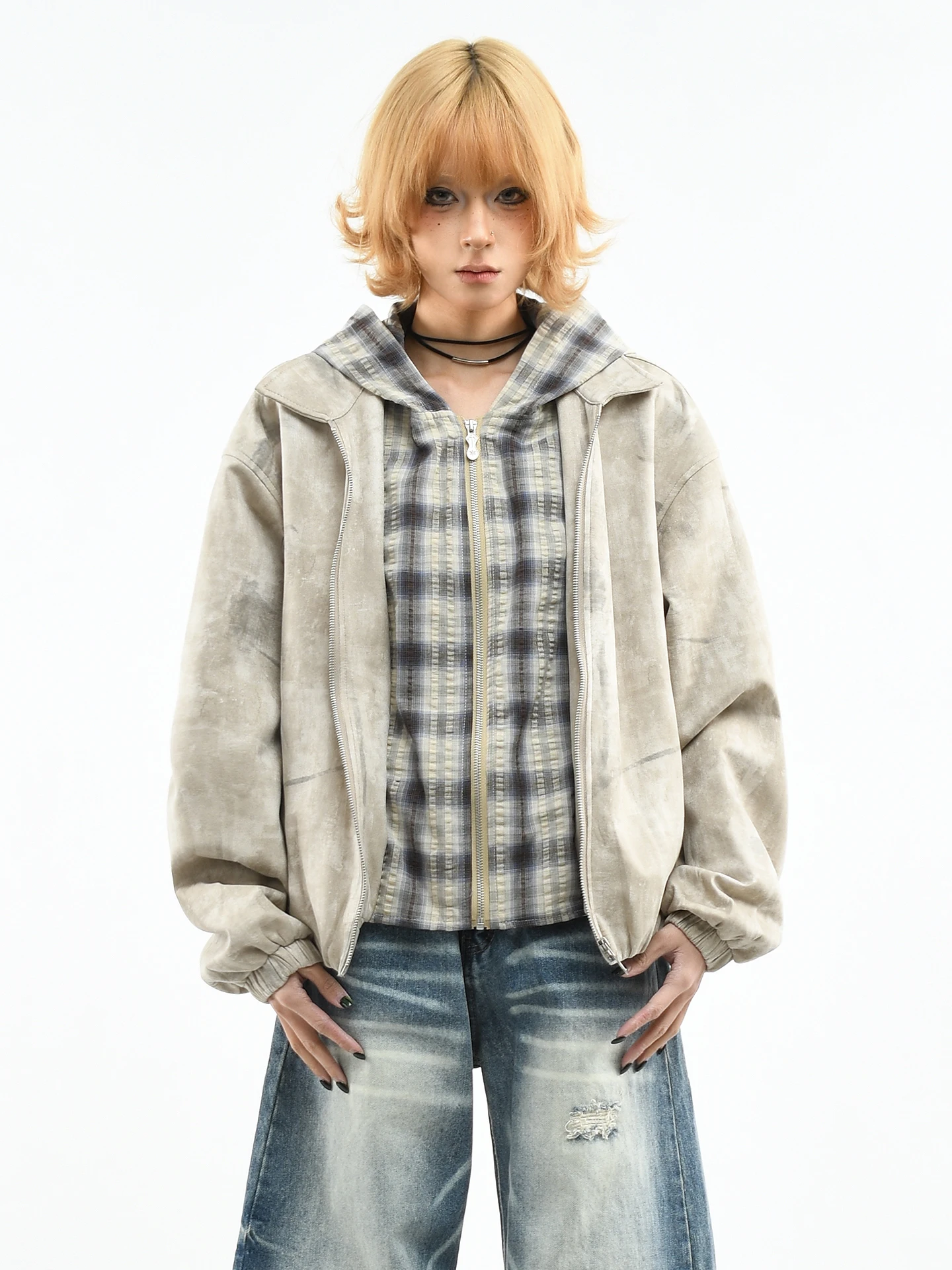 

Оригинальная американская ретро-куртка OV в клетку с эффектом двухслойности, с капюшоном, женская, весенняя, свободного кроя, мужская куртка